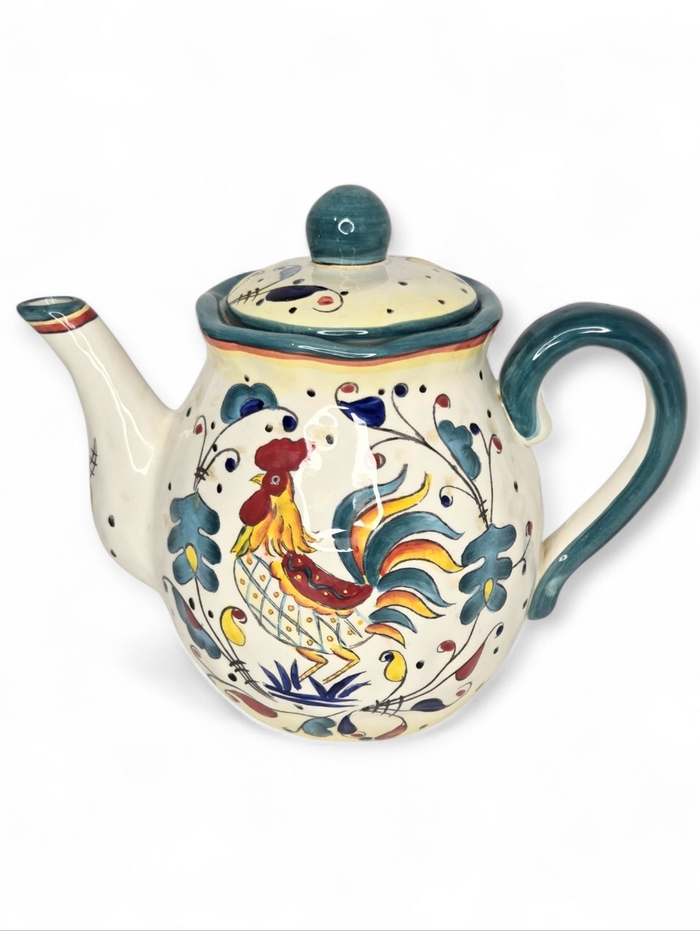 Italian Deruta Teal Pottery Teapot Hand Painted Rooster Ceramic Country